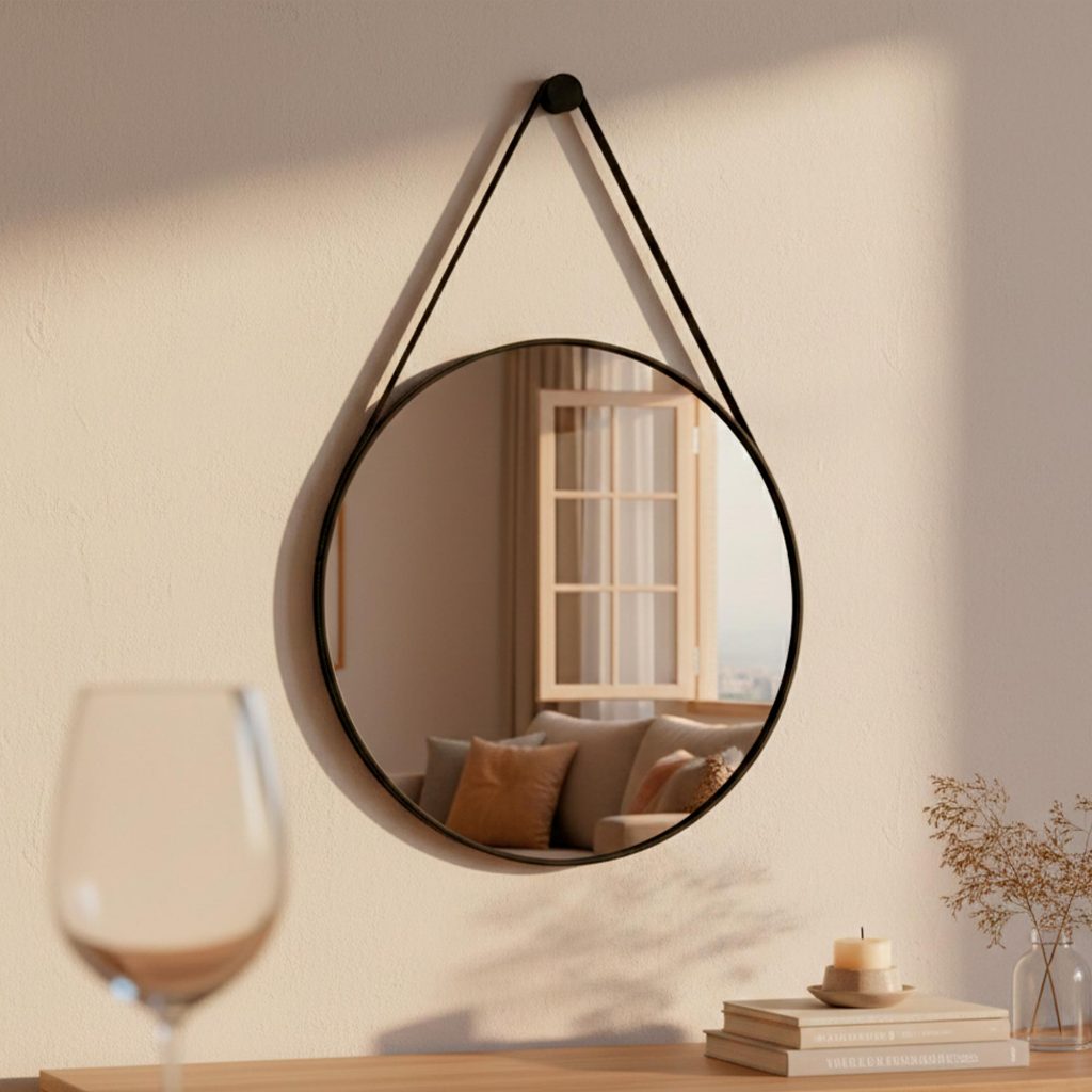 Espelho Adnet Decorativo Redondo Alça Couro Tamanhos e Cores 60cm 50cm 40cm 30cm Suporte Pino Parede em Oferta na Shopee