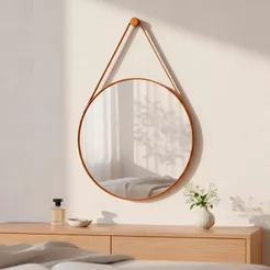 Espelho Adnet com Alça em Couro Decorativo com Pino de Parede Espelho para Banheiro Quarto Sala 60cm