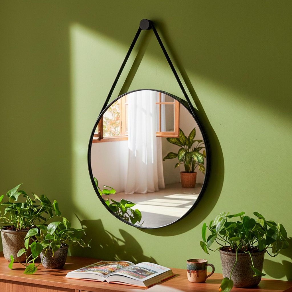 Espelho Decorativo Grande Redondo Adnet Suspenso 60cm Suporte Couro Pino Decoração para Banheiro em Oferta na Shopee