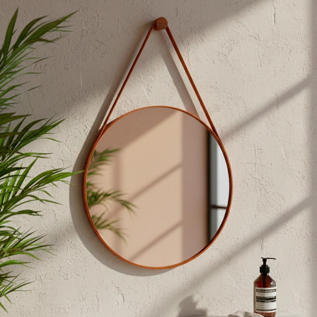 Espelho Decorativo Redondo 30cm Adnet Suspenso C/ Alça Couro para Sala Quarto Banheiro Pequeno em Oferta na Shopee