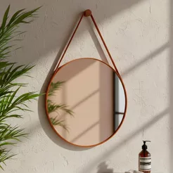 Espelho Decorativo Redondo 30cm Adnet Suspenso C/ Alça Couro para Sala Quarto Banheiro Pequeno