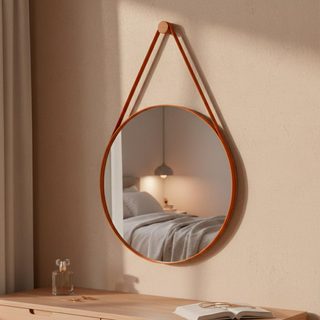 Espelho Decorativo Grande Redondo Adnet com Alça em Couro 60cm com Suporte de Parede para Banheiro