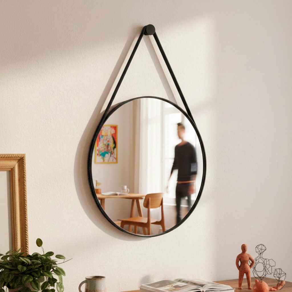 Espelho Decorativo Redondo 40cm Adnet Suspenso C/ Alça Couro para Apartamento Banheiro Pequeno em Oferta na Shopee