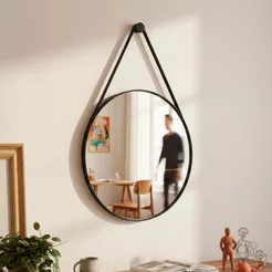 Espelho Decorativo Redondo 40cm Adnet Suspenso C/ Alça Couro para Apartamento Banheiro Pequeno