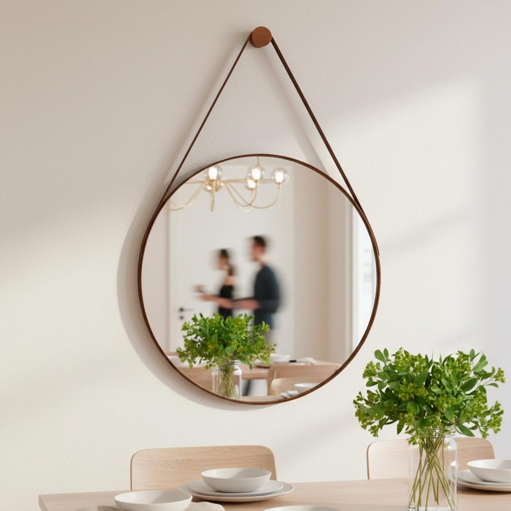 Espelho Redondo do Pinterest Moderno para Banheiro Sala 30cm Moldura Alça em Couro Decorativo em Oferta na Shopee