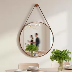 Espelho Redondo do Pinterest Moderno para Banheiro Sala 30cm Moldura Alça em Couro Decorativo