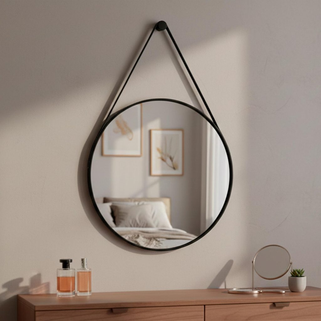 Espelho Redondo do Pinterest Moderno para Banheiro Sala Moldura Couro Ecológico - Mod. Adnet 60cm em Oferta na Shopee