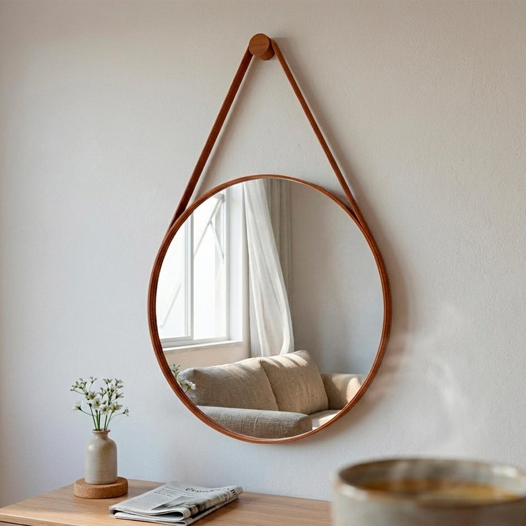 Espelho Redondo do Pinterest Moderno para Banheiro Sala 50cm Moldura Couro Ecoló
