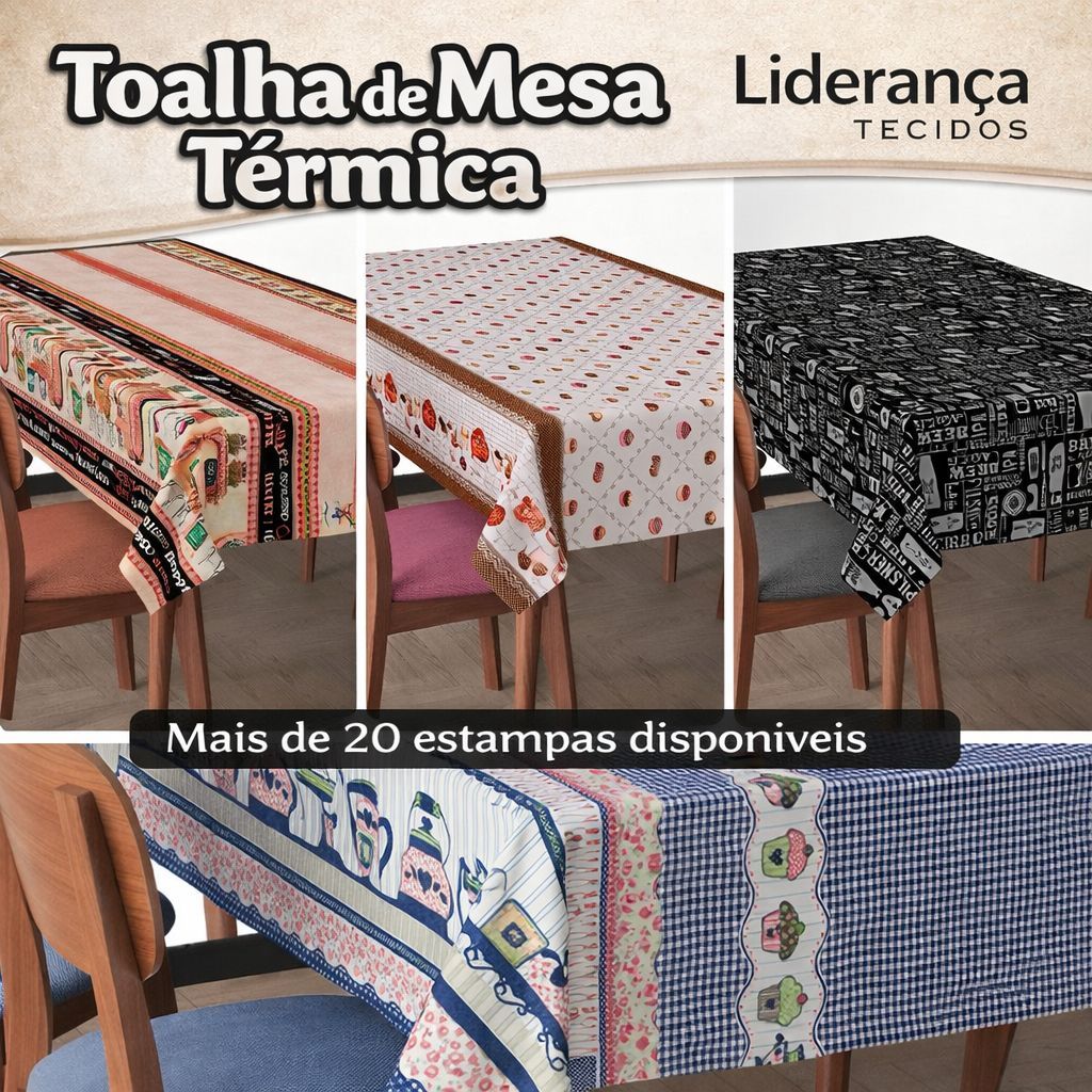 Toalha de Mesa Térmica Impermeável Estampada — 4 a 12 Lugares | Forro Plástico Decoração de Cozinha