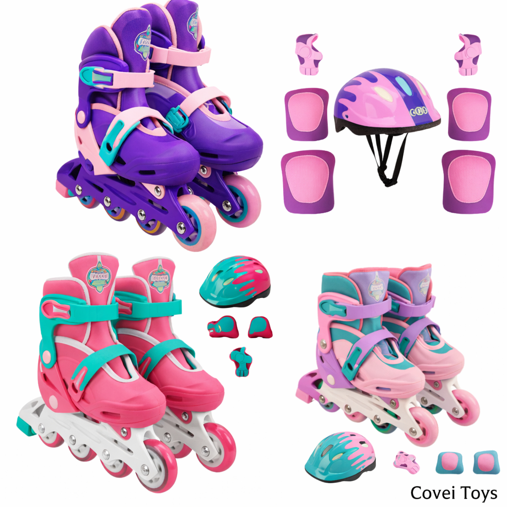 Patins Infantil Quad 4 Rodas Ajustável Roller Inline Menina Menino Com Kit Proteção  Cotoveleira Covei Toys