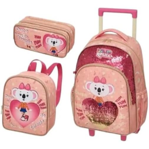 KIT ESCOLAR LILICA RIPILICA LOVELY: BOLSA CARRINHO SEM ALÇA, LANCHEIRA E ESTOJO DUPLO 100% ORIGINAL