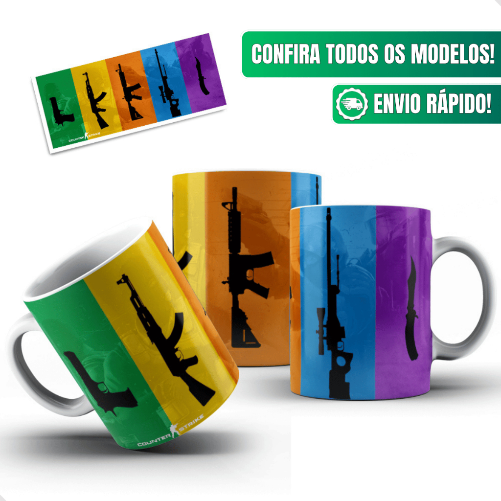 Caneca Counter Strike Ceramica Personalizada 325ml Armas Silhuetas Coloridas Logo Gamer FPS CS