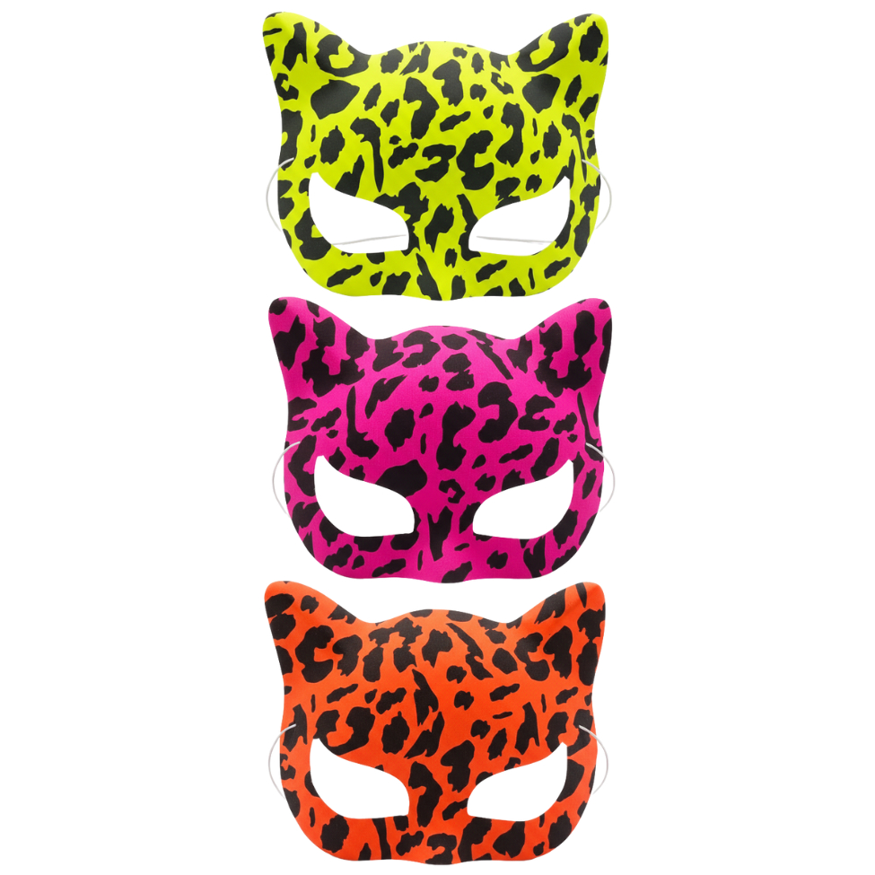 Conjunto 3 Máscaras De Gato Para Carnaval Neon Colorida Onça E Preta Acessório De Fantasia