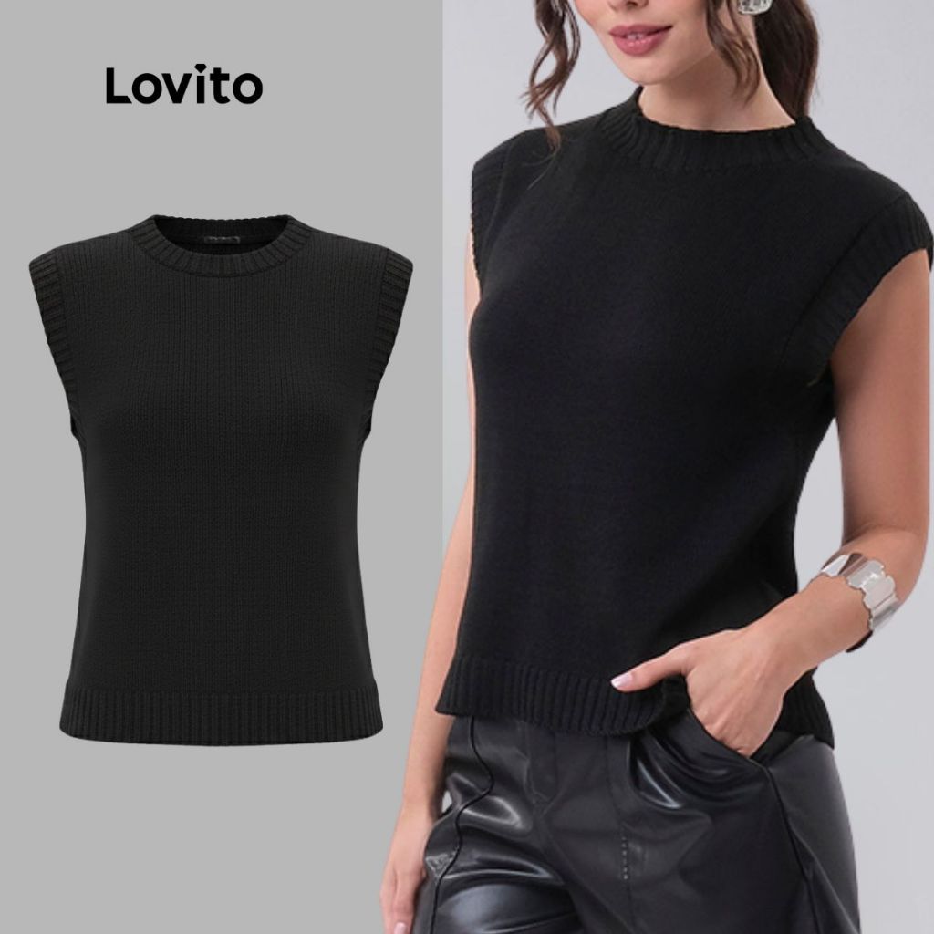 Lovito Blusa Tricot Elegante Preta Sem Mangas Lisa Feminina LB364BRL393 em Oferta na Shopee