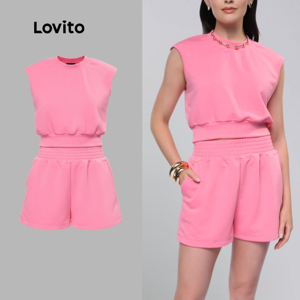 Lovito Conjunto Feminino Top e Shorts Elástico Casual Liso LB1303BRL1333 em Oferta na Shopee