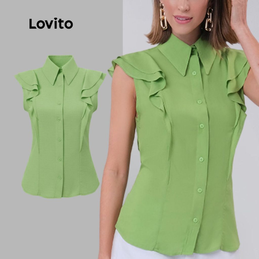 Lovito Camisa Manga Curta com Gola Padre Babados na Manga Vista com Botões Frontais Feminina LBRL038 em Oferta na Shopee