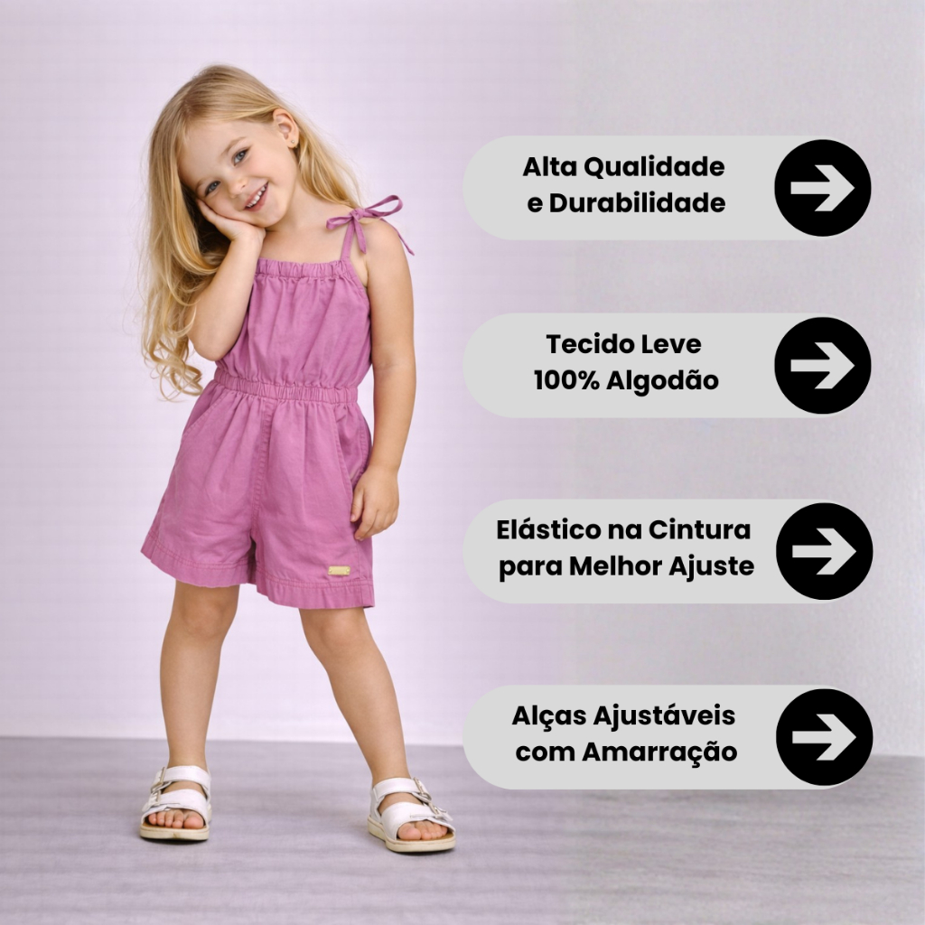 Macaquinho Infantil Menina 4 ao 10 Diversas Cores com Alça Ajustável, Elástico Confortável