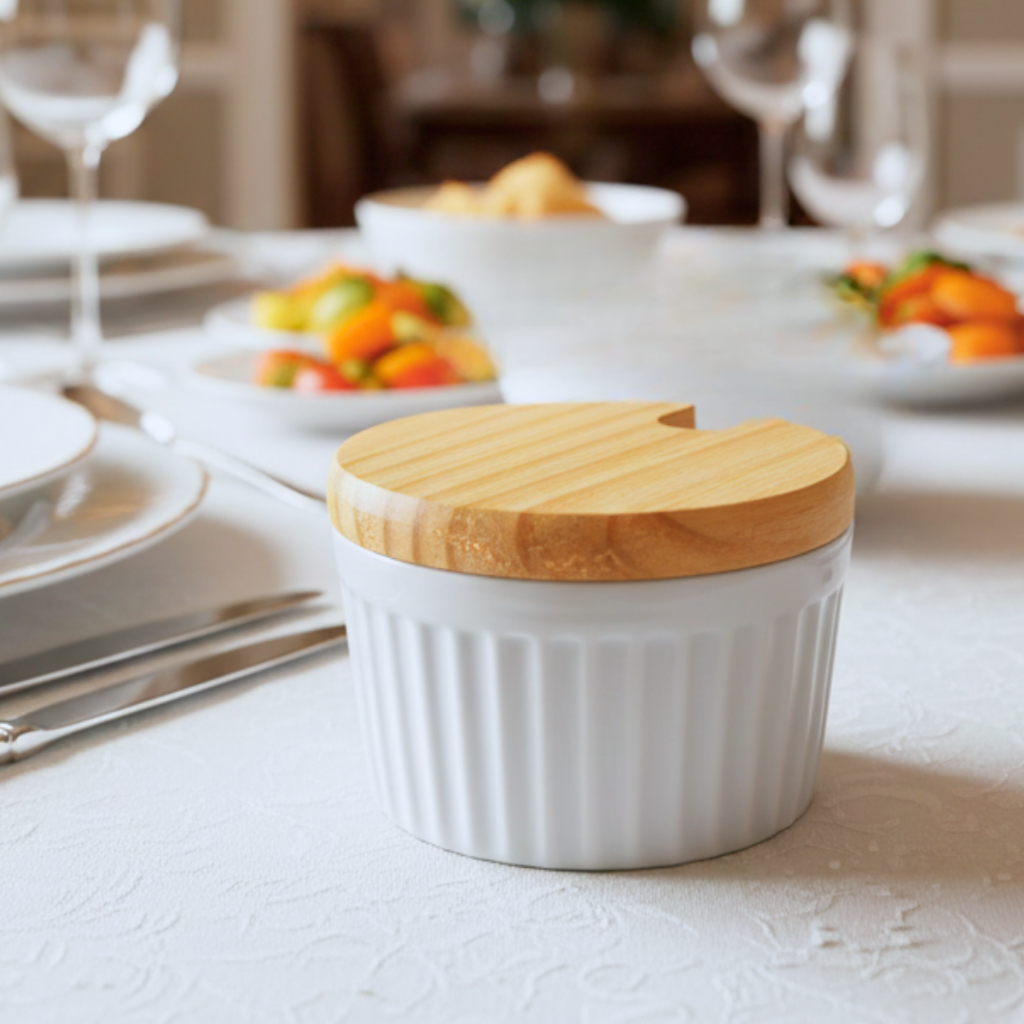 Açucareiro com Tampa Porta Saleiro de Cozinha em Porcelana Branca em Madeira