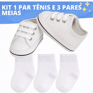 Kit 01 Par Tênis e 03 Pares Meias para Bebê Recém Nascido Enxoval Saída Maternidade Primeiros Passos em Oferta na Shopee