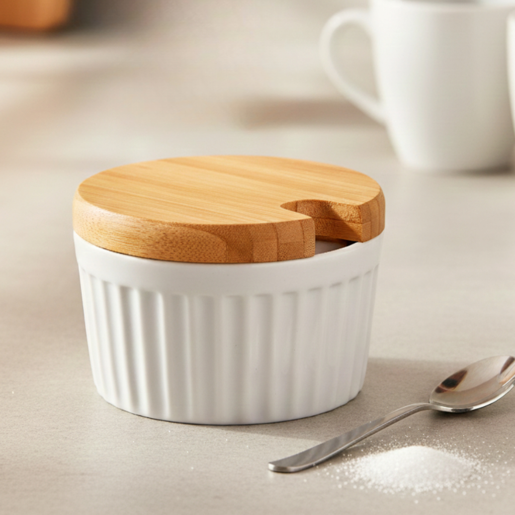 Saleiro Açucareiro de Porcelana Branco com Tampa em Madeira Porta Condimento