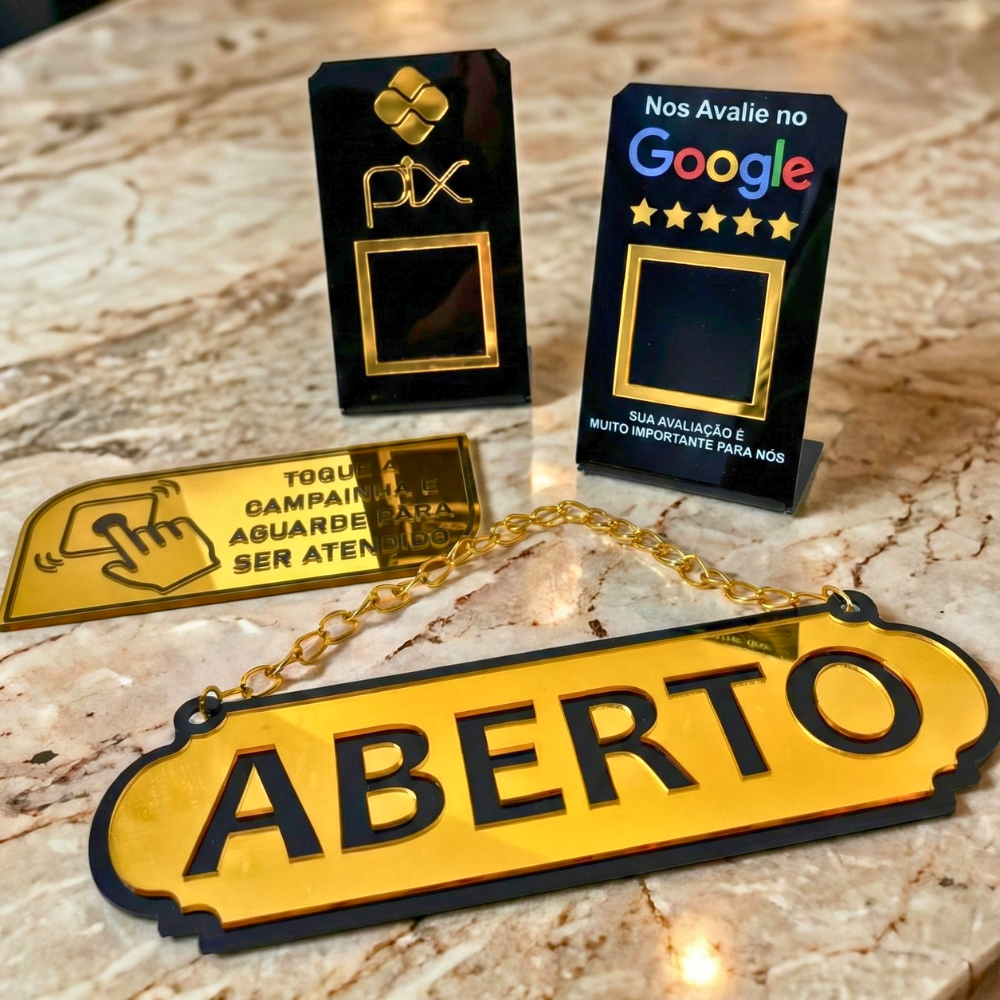 KIT PLACA ABERTO E FECHADO GOOGLE PIX E TOQUE A CAMPAINHA EM ACRILICO ESPELHADO