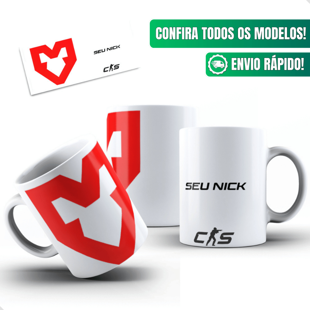 Caneca Counter Strike Ceramica Personalizada 325ml Mouz Seu Nick Cs2 Time Gamer Pro Esports