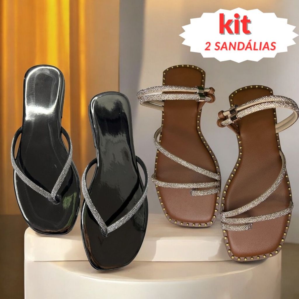 Kit 02 Sandália Rasteirinhas feminina Antiderrapante Confortável Brilho Strass Tendencia bico quadrado