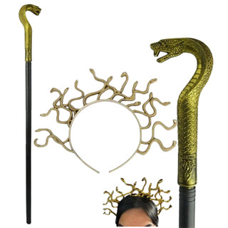 Kit Medusa Tiara Arco + Cetro Cajado Cobra Fantasia Carnaval Festa Cleópatra