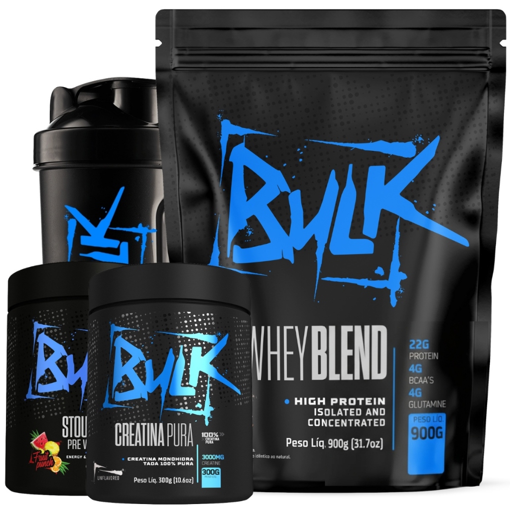 Kit Whey Protein Blend Isolado Concentrado 900g + Creatina Pura 300g + Pré Treino 300g + Shaker
