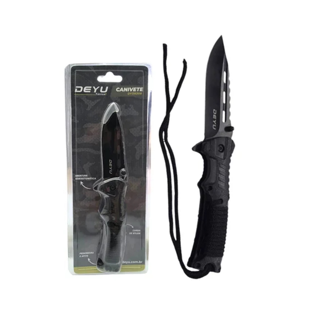 Canivete Tático Militar Black Deyu DY-110308 com Pederneira Apito e Corda Premium Luxo Acampamento