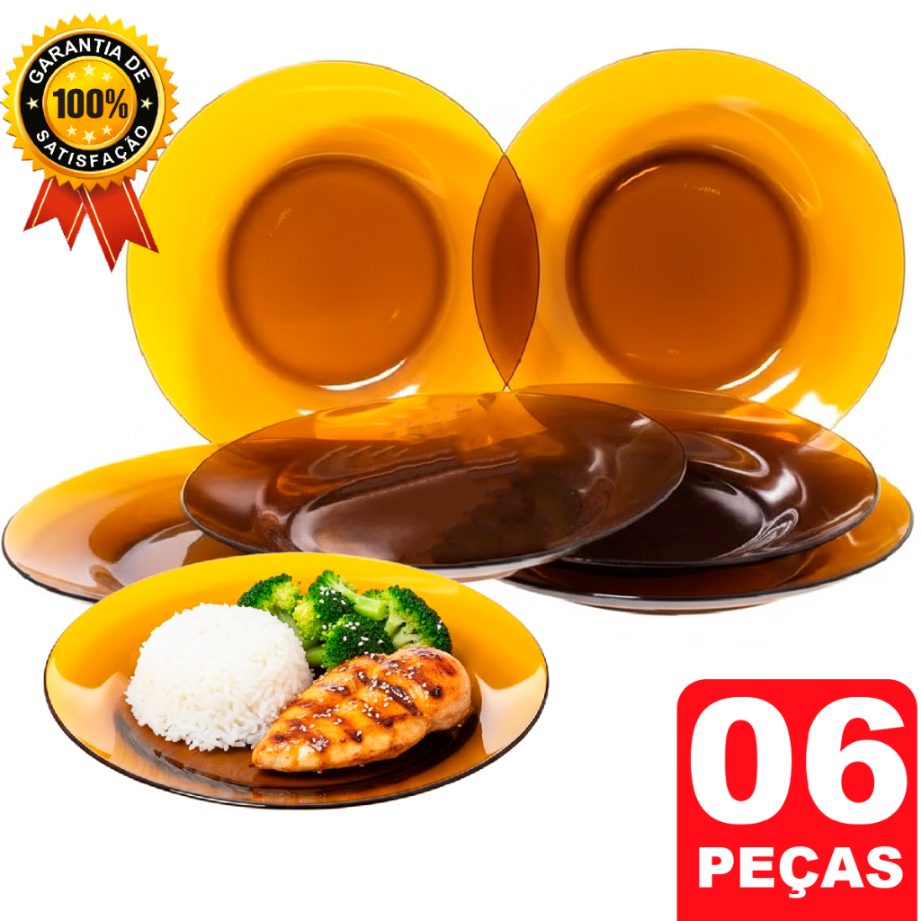 Kit Jogo 06 Pratos Fundos 22cm Cor Ambar Importado Vidro Alta Resistencia Semelhante a Duralex