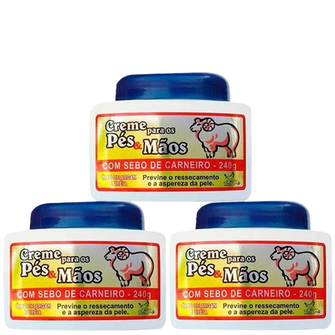 Kit c/3un Creme Sebo de Carneiro Pés e Mãos 240gr - SAN JULLY Hidratação Profunda e Proteção