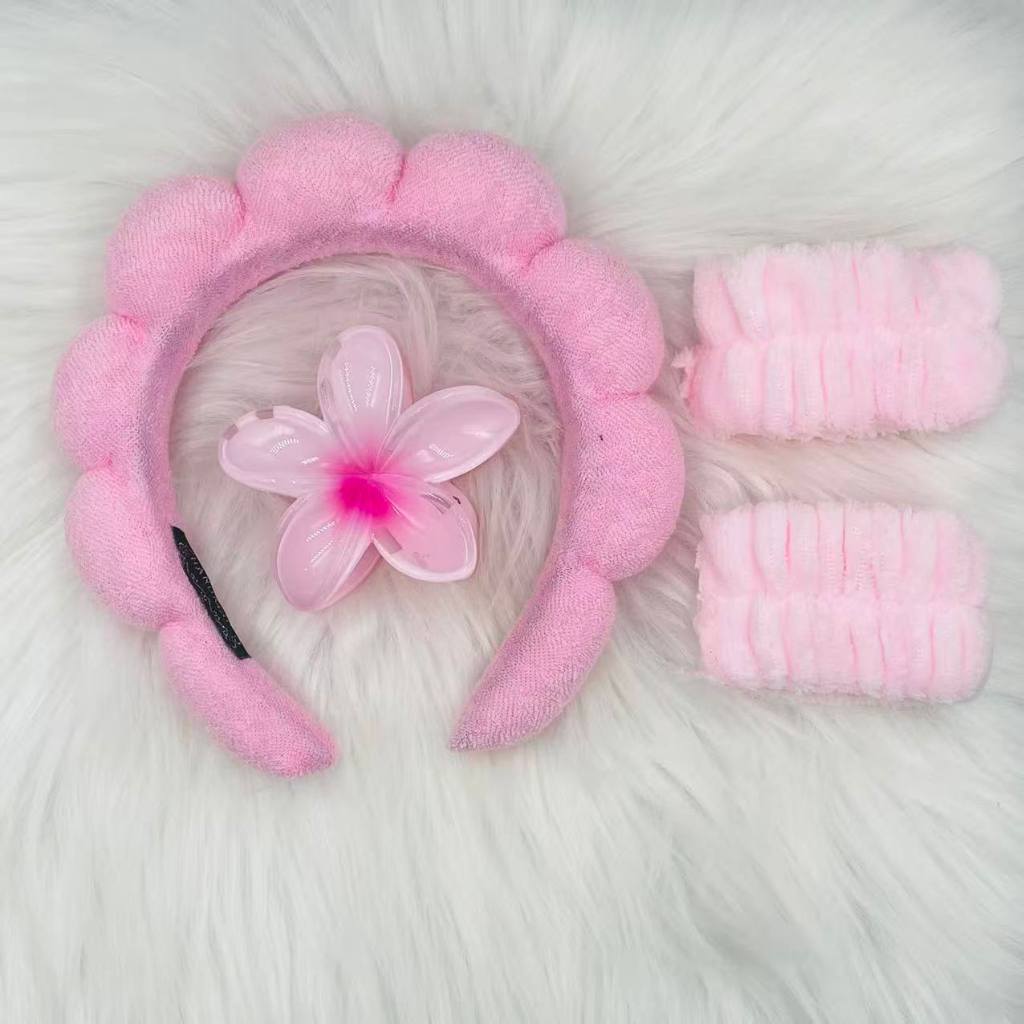 KIT 4  PCS Acessórios de Skincare Spa Feminino - Tiara Nuvem, Faixa de Pulso, Presilha de Flor