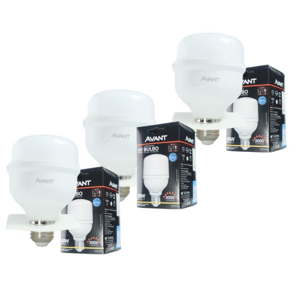 Kit 3 Lâmpadas LED Bulbo Avant 40W 3000K Amarela Bivolt E27 3000lm Alta Potência