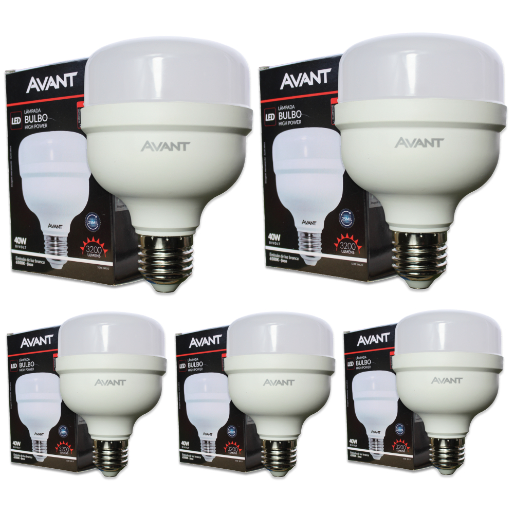 Kit iluminação 5 x Lâmpada LED Bulbo 40W High Power Avant 6500K Bivolt E27 Branco Frio