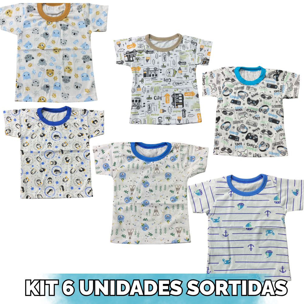 KIT 6 CAMISETAS MANGA CURTA 1/2/3 ESTAMPADO MASCULINA SORTIDO - INCRIVEIS BABY