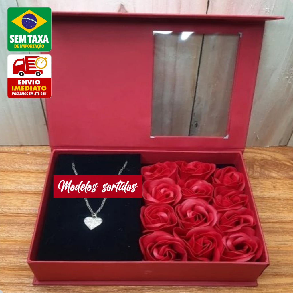 Caixa Presente Romântica Porta Joias com Rosa Vermelha e Colar Namorada Amor