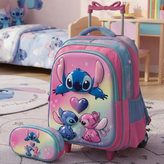 Kit3 Mochila Escolar com Rodinhas Infantil Meninas 3D Stitch Labubu Desenho FOFO Lancheira e Estojo