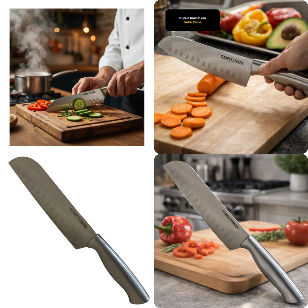 Cutelo Inox Faca Quebrar Cortar Osso Carne Alimento Legumes Culinária Cozinha Casa Churrasco Açougue Açougueiro 31cm Kit