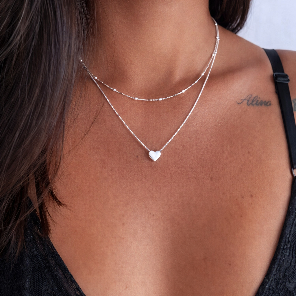 Colar gargantilha bolinhas banhado Prata 925 + Colar coração transpassado chapado banhado Prata 925 a ouro 18K em Oferta na Shopee