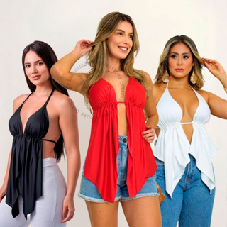Cropped Malibu Top Feminino Blusinha Babado Costas Nua Decote em Oferta na Shopee