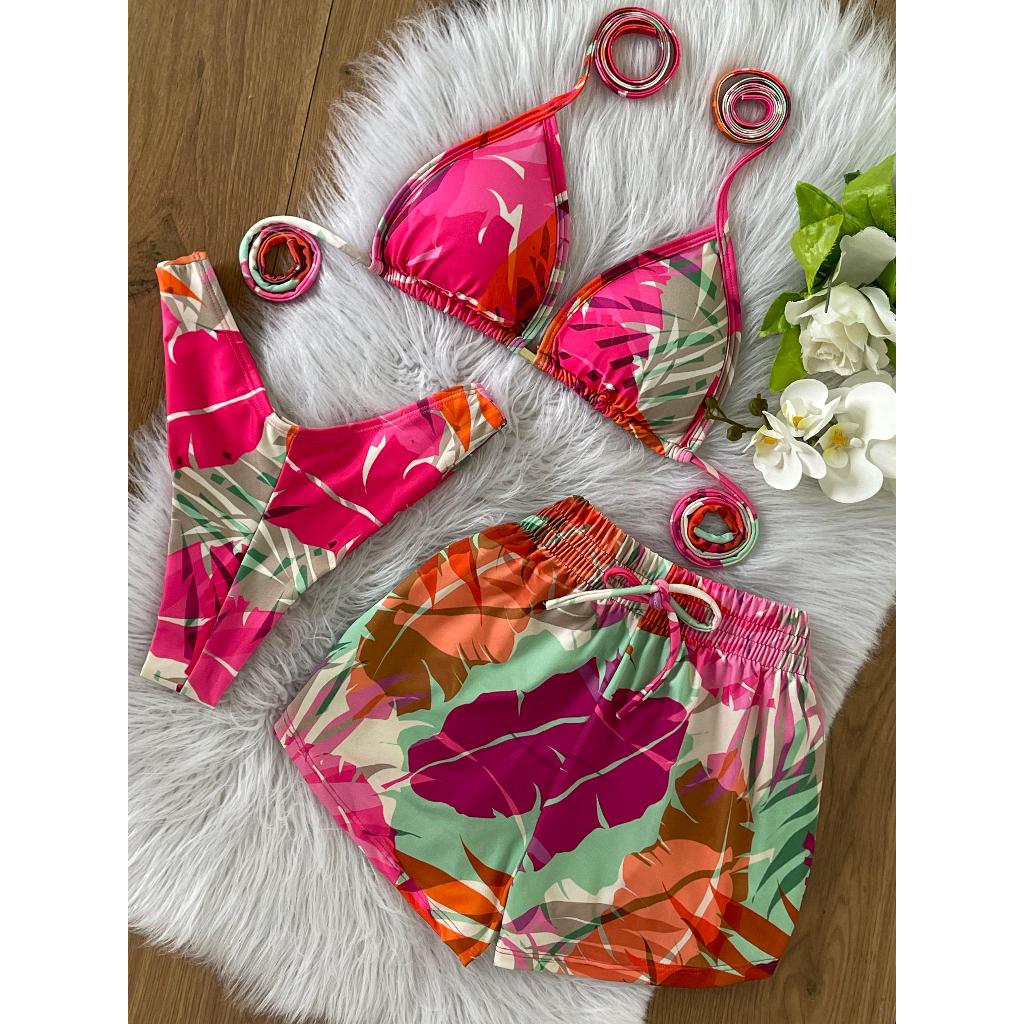 Conjunto Biquíni Cortininha + Shortinho  | Look Feminino Praia Verão Estiloso e Colorido Rosa em Oferta na Shopee