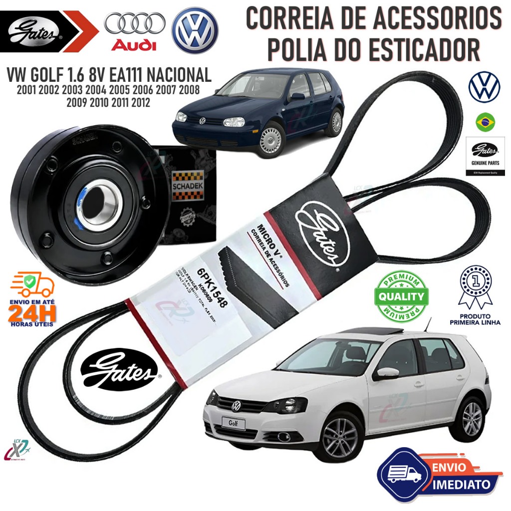 Kit Correia Alternador Poly V e Polia Tensor VW Golf 1.6 2002 a 2013 Original GATES/Schadek Novo TOP