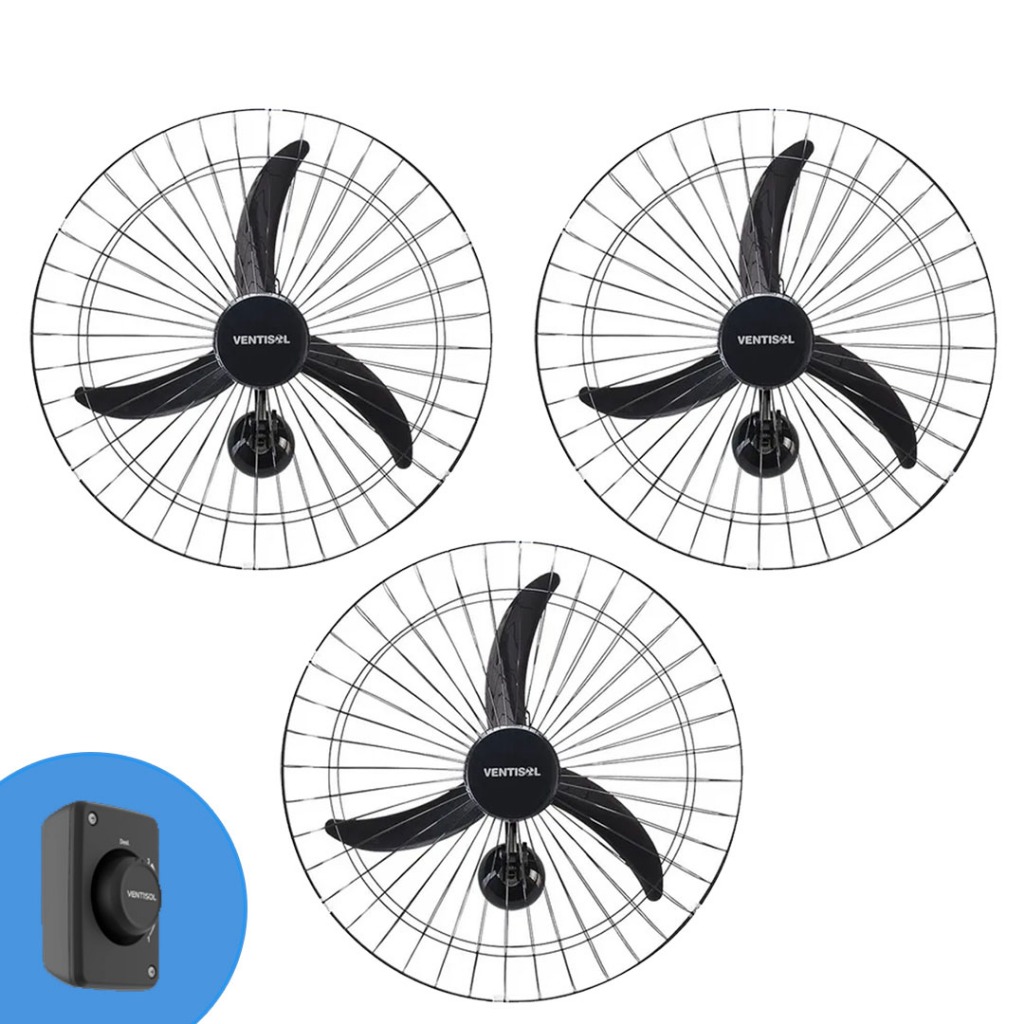 Kit 3 Ventiladores De Parede 200W 60cm 3 Pás Bivolt Potente Igreja Academia Lojas Ventisol Original