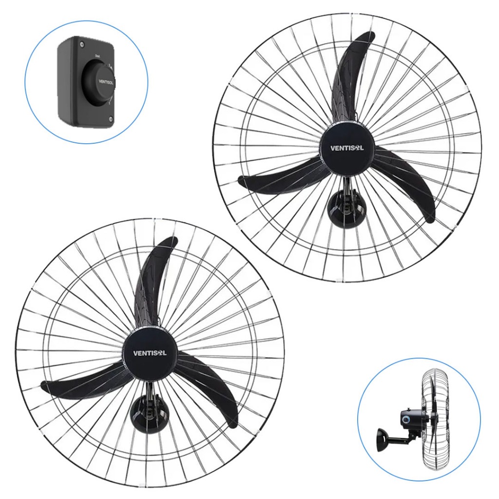 Kit 2 Ventiladores Parede 60cm 3 Pás Potente Igreja Academia Lojas Comércio Oficina Ventisol