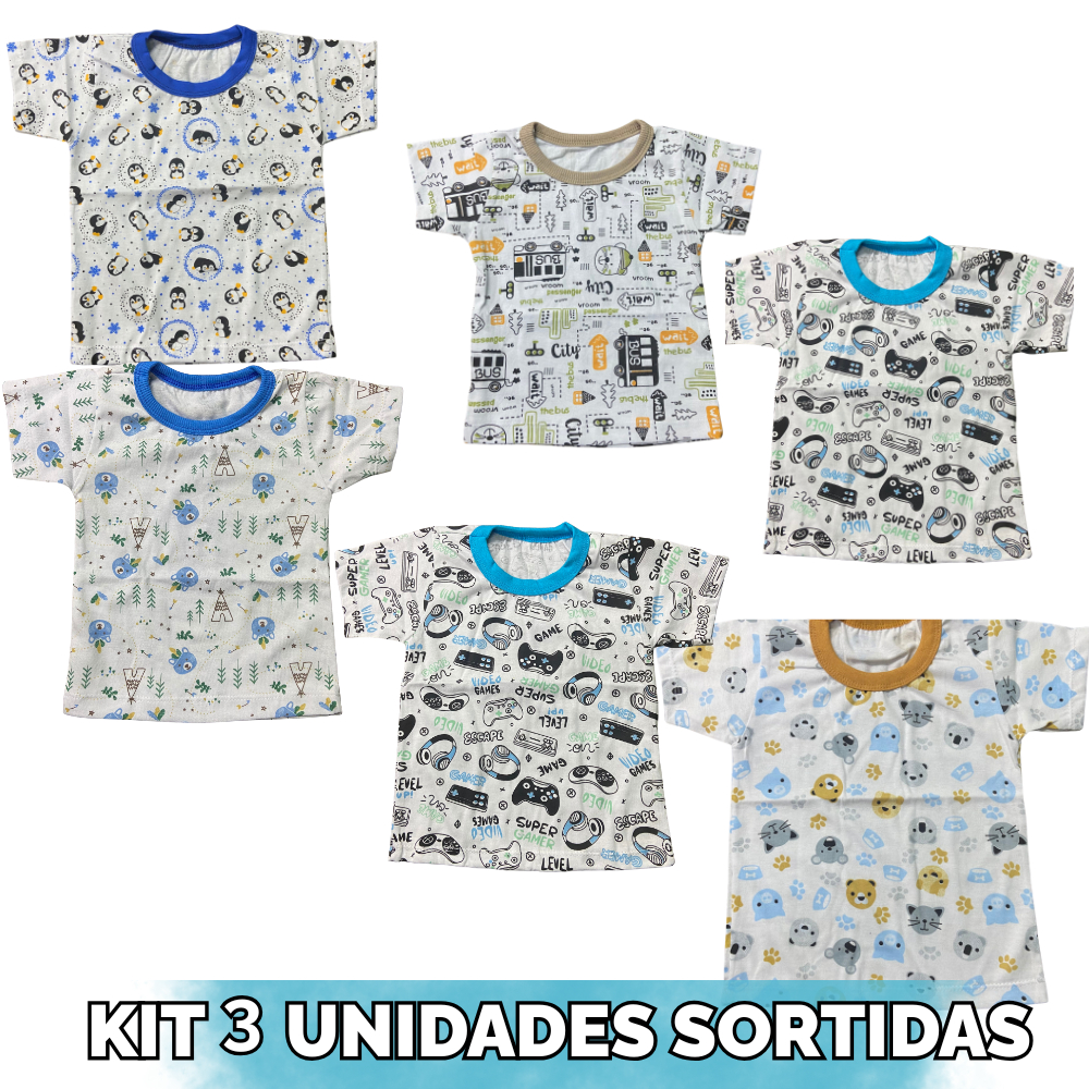 KIT 3 CAMISETAS MANGA CURTA ESTAMPADO MASCULINA SORTIDO - INCRIVEIS BABY
