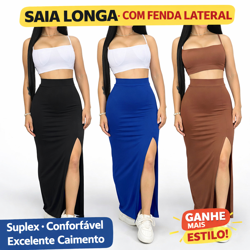 Saia Longa Feminina com Fenda Lateral Suplex - P ao GG em Oferta na Shopee