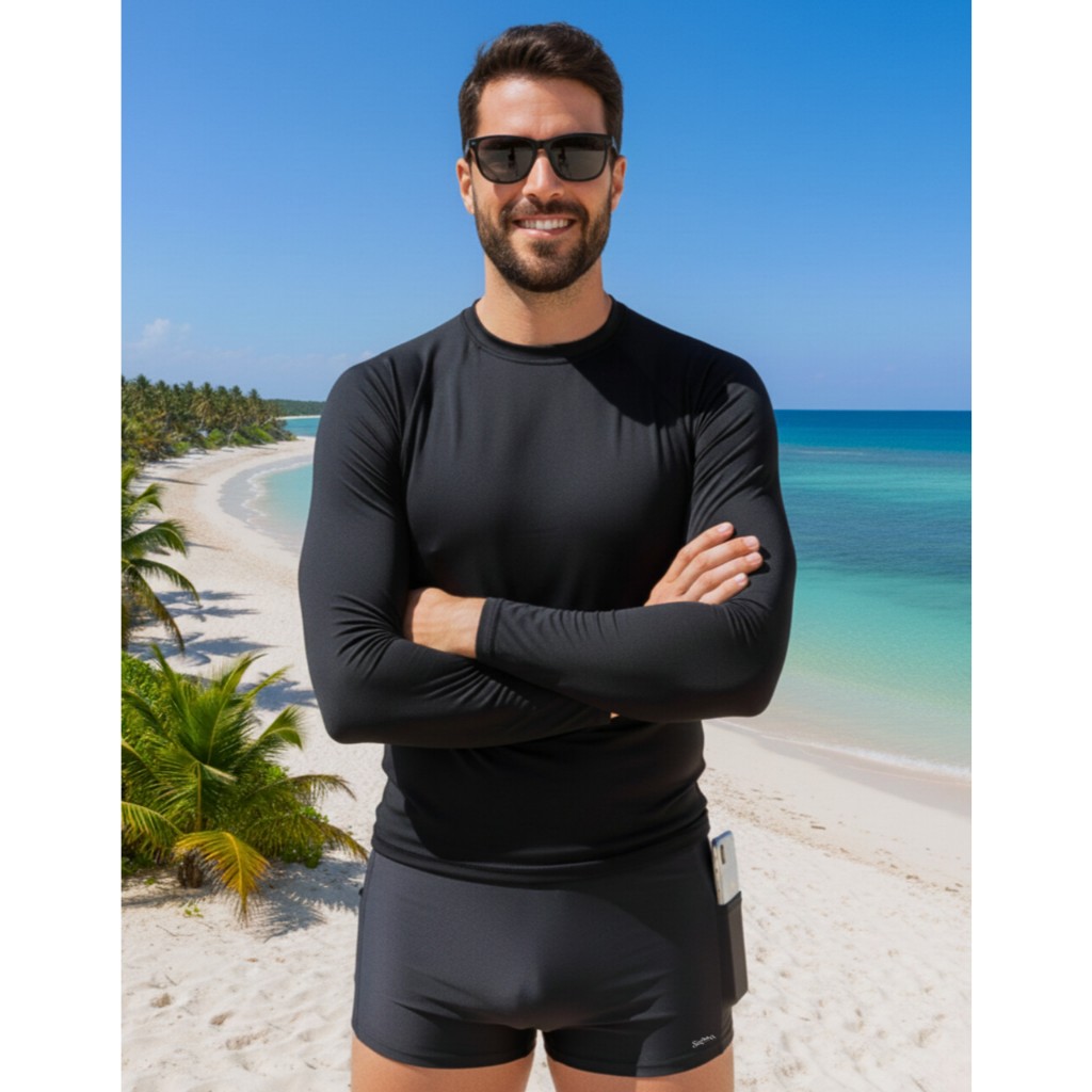 Sunga Boxer Masculina Com Bolso Lateral Camisa Térmica Malha Fria Proteção Solar Uv Moda Praia Slim