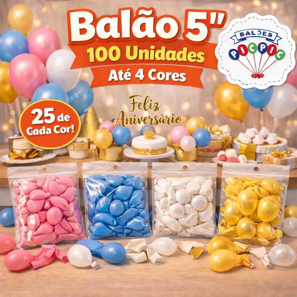 Balão Bexiga para Festa 5 polegadas 100 unidades Pic Pic Até 4 Cores Arco Festa na Mesa