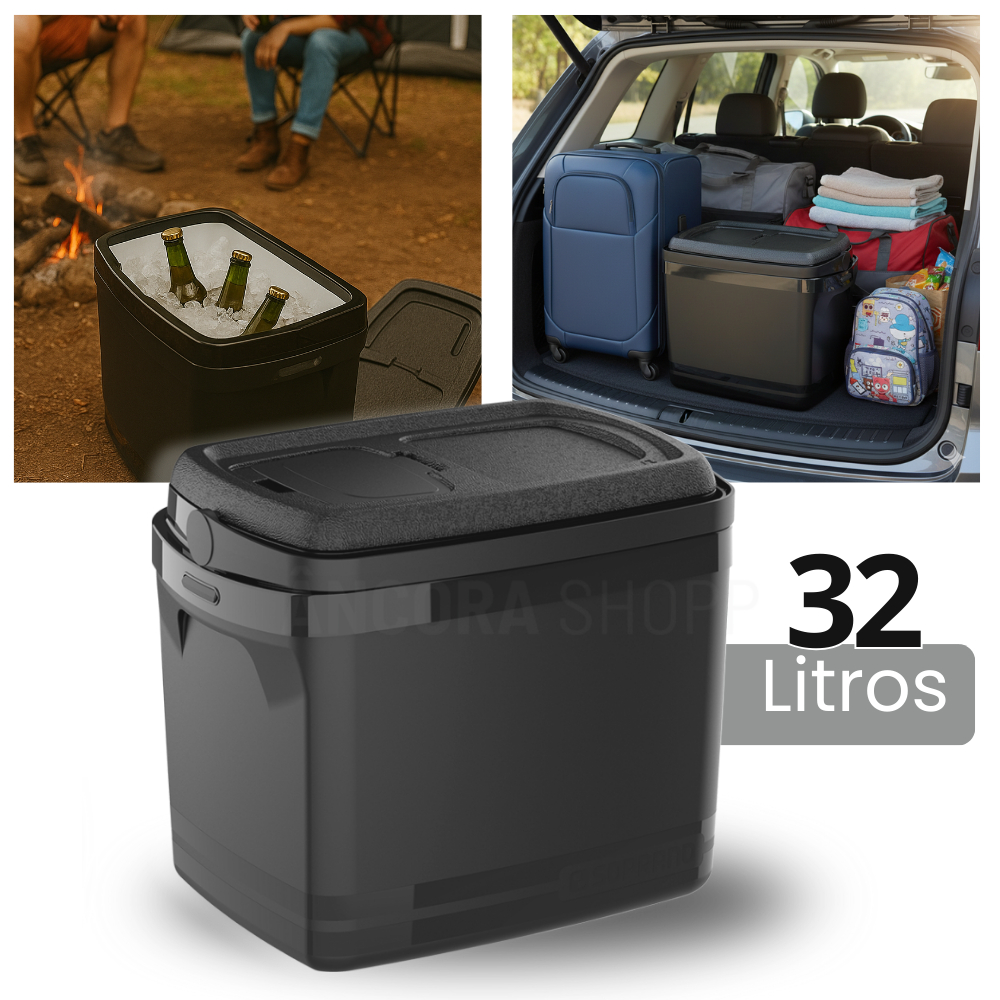 Caixa Térmica Cooler Grande 32 Litros com Alça e Abertura na Tampa Porta Lata e Garrafa Preta em Oferta na Shopee